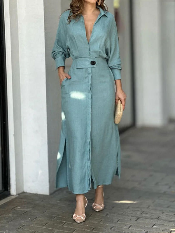 Solid Color Waistband Shirt Dress