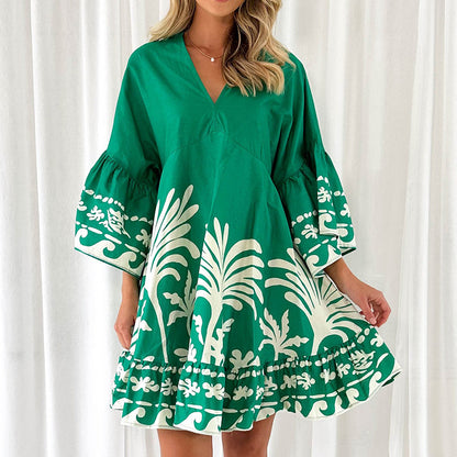 Summer V-Neck Printed Flared Sleeve Dress