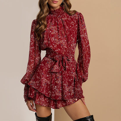 Short Floral And Ruffled Hem Dress