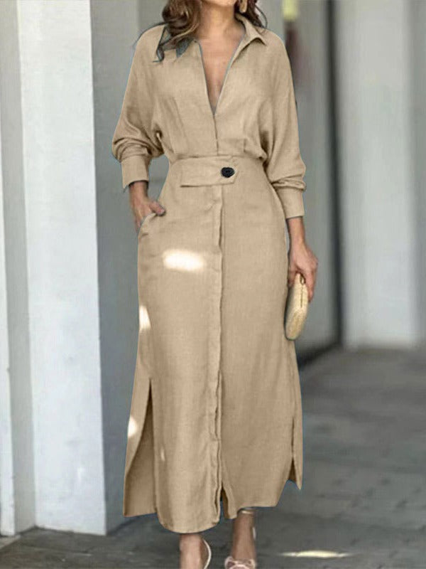 Solid Color Waistband Shirt Dress