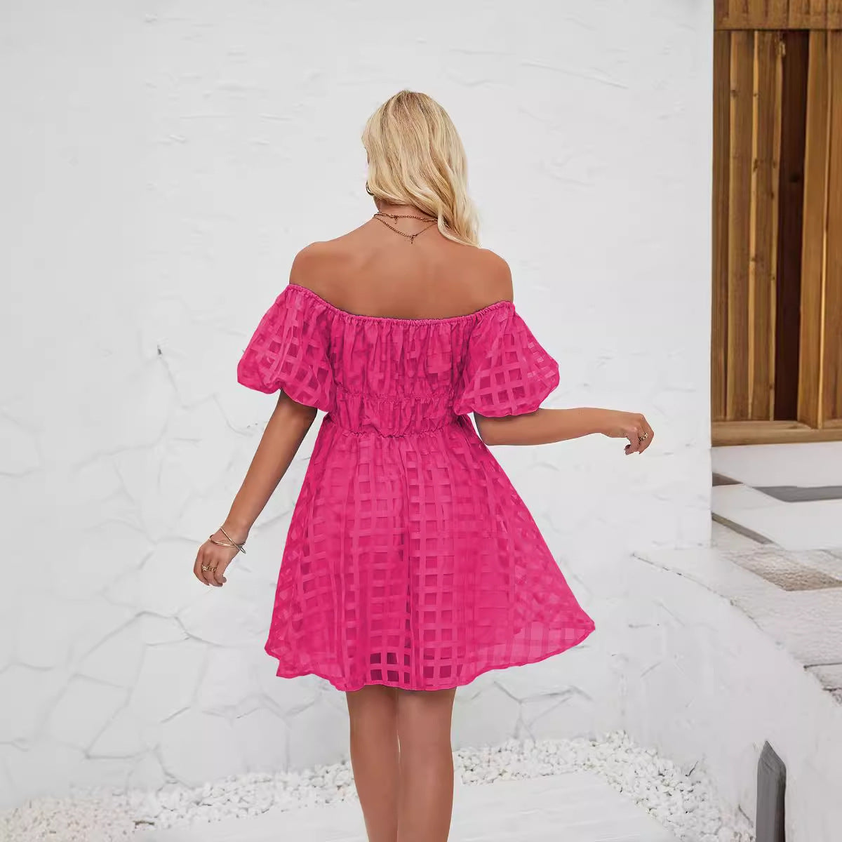 Off Shoulder Bubble Pleated Mini Dress