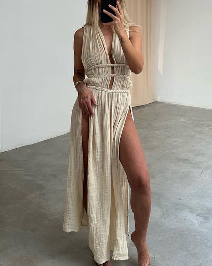 Linen Sleeveless Braided Belted Cutout Slit Dress