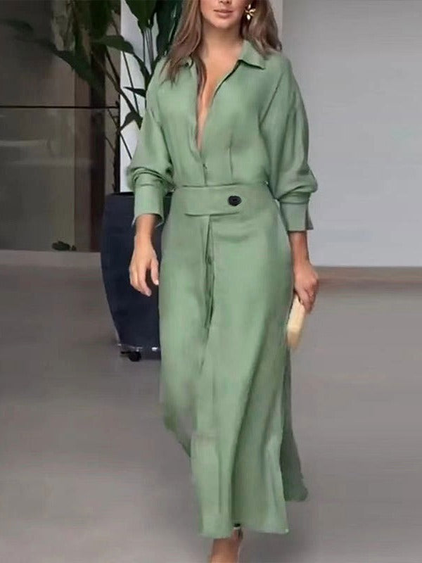 Solid Color Waistband Shirt Dress