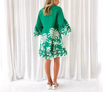 Summer V-Neck Printed Flared Sleeve Dress