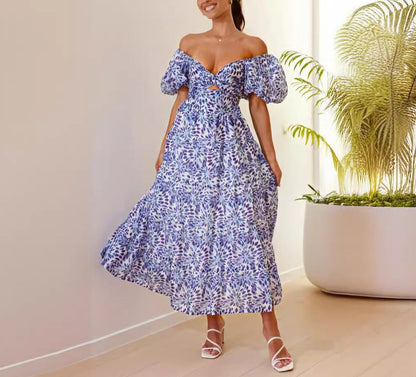 Summer New Printed Bubble Sleeve Dress