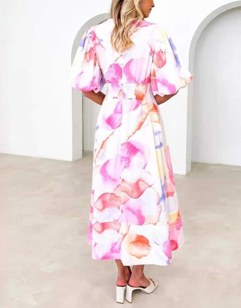 Summer Floral Print Bubble Sleeve Dress