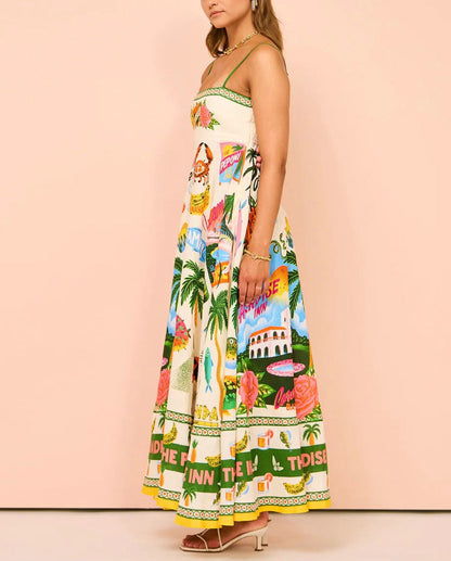 Sleeveless Graffiti Print Cotton And Linen Dress