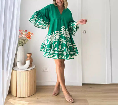 Summer V-Neck Printed Flared Sleeve Dress