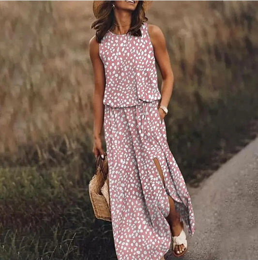 Pink Round Neck Sleeveless Maxi Dress