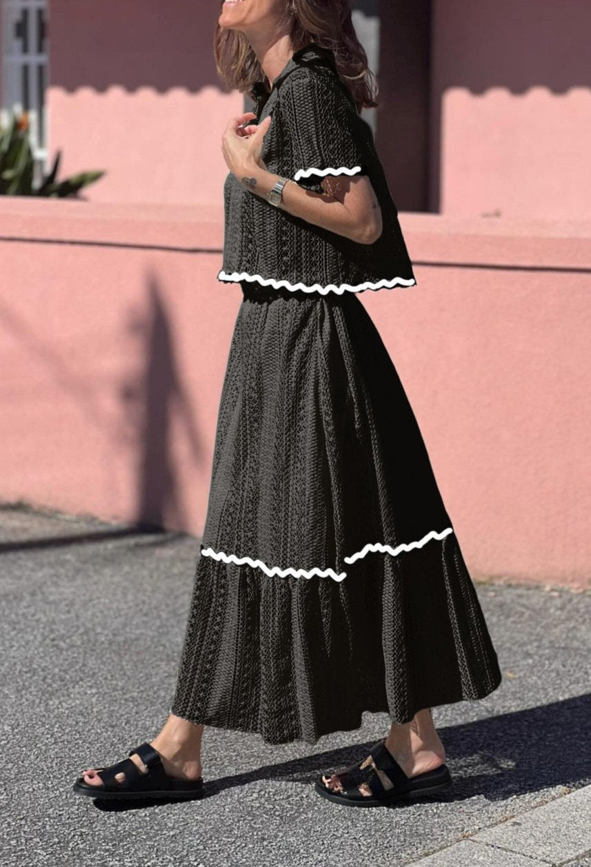 Casual Shirt Collar Lace Long Skirt Suit