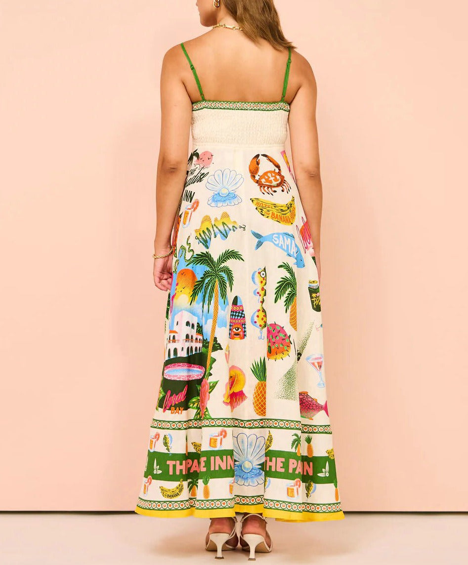 Sleeveless Graffiti Print Cotton And Linen Dress