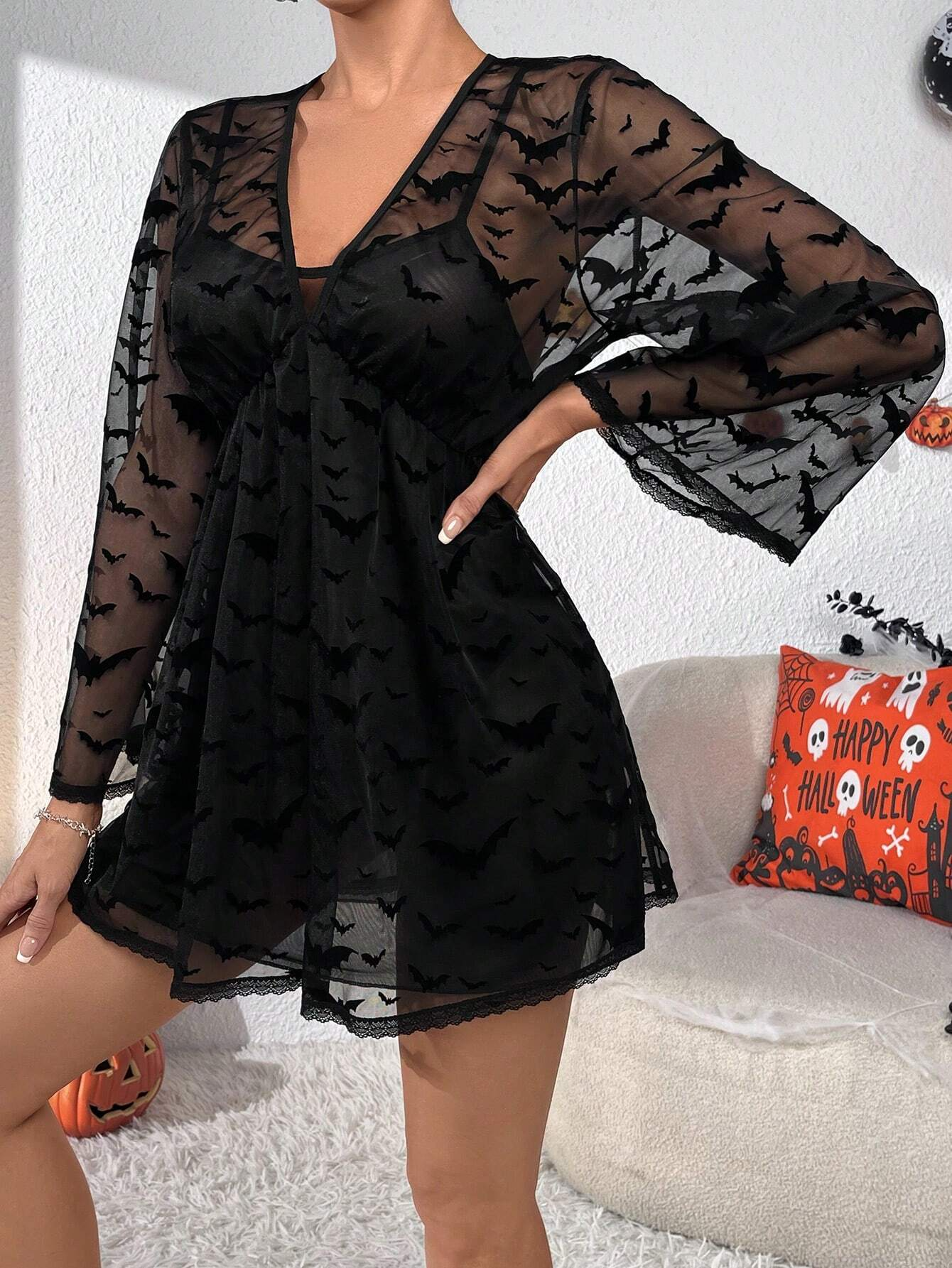 🌸Up to 50% off🔥 Halloween Bat Print Flounce Sleeve Mesh Dress & Cami Dress