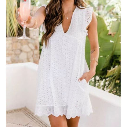 Lace Jacquard Hollowed Out V-neck Dress