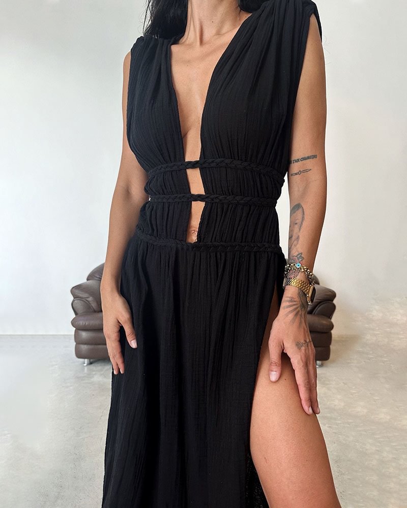 Linen Sleeveless Braided Belted Cutout Slit Dress