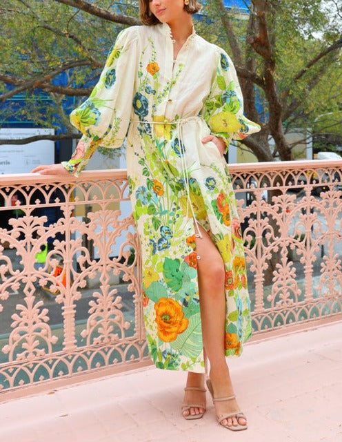 Printed Single-breasted Long-sleeved Dress