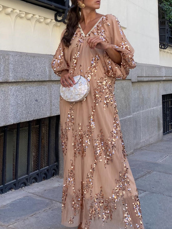 Batwing Sleeve Sequin Deep V-Neck Maxi Dress