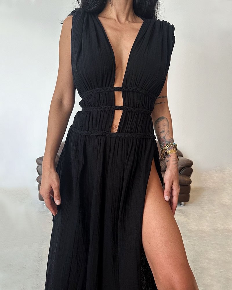 Linen Sleeveless Braided Belted Cutout Slit Dress