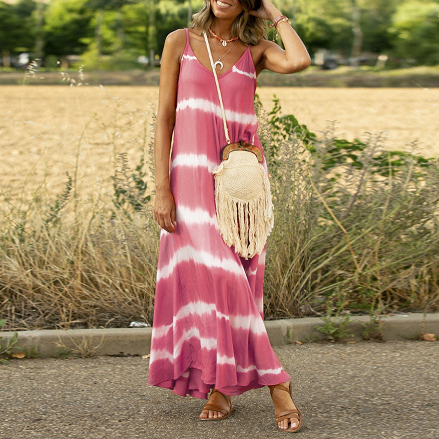 Tie-Dye Slit Suspender Dress