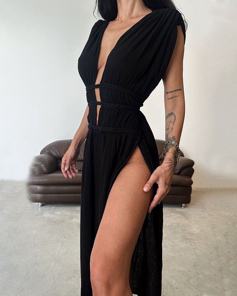 Linen Sleeveless Braided Belted Cutout Slit Dress