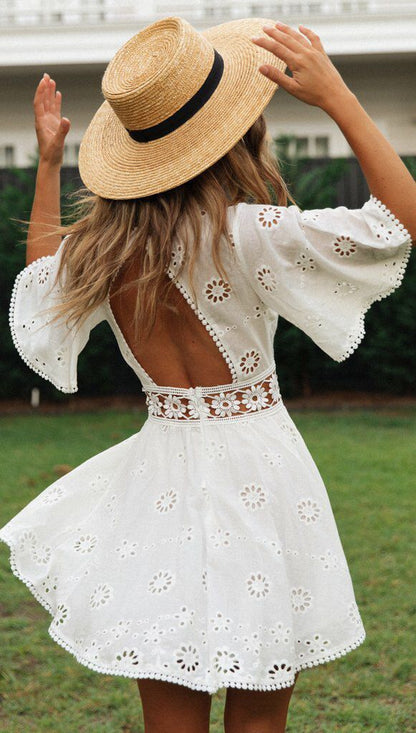 Backless Hollow Tassel Cotton And Linen Dress