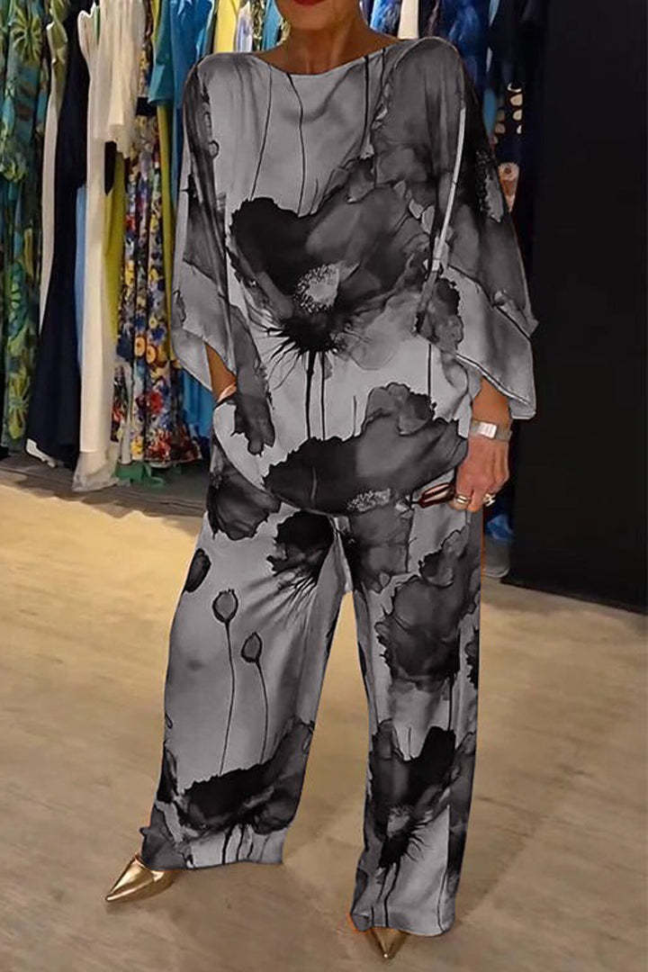 Casual Crew Neck Printed Satin Suit