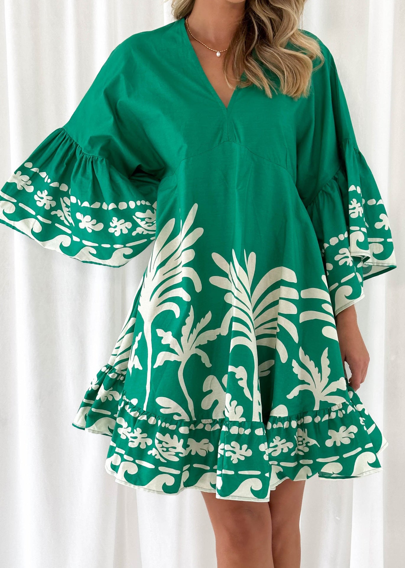 Summer V-Neck Printed Flared Sleeve Dress