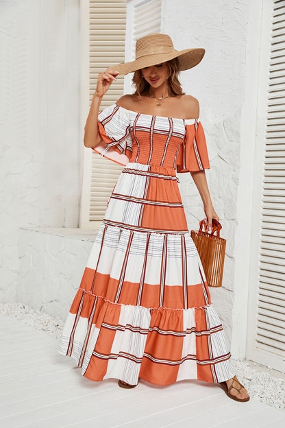 Summer One Line Collar Striped Dress