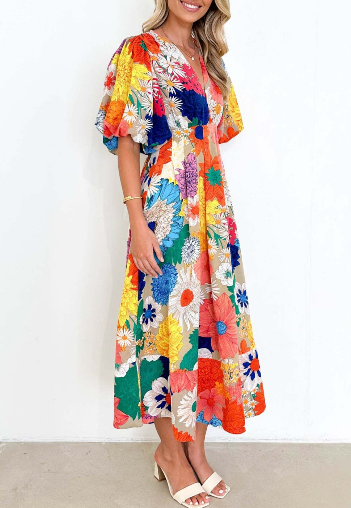 Summer Floral Print Bubble Sleeve Dress