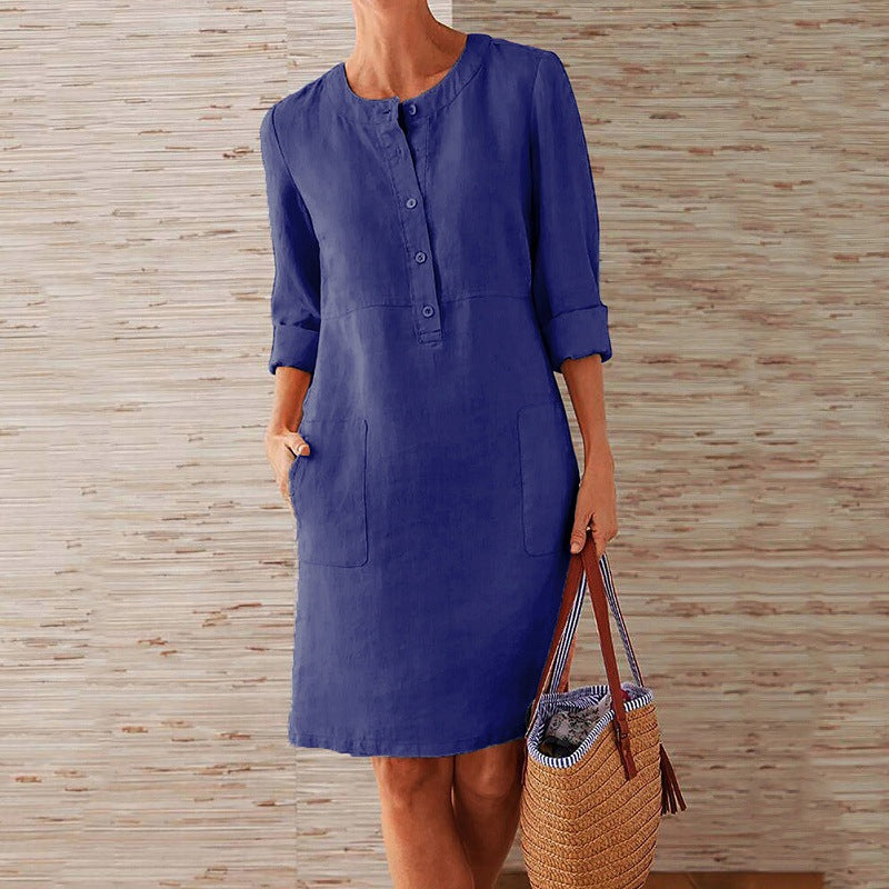 Cotton and Linen Round Neck Long-sleeved Dress