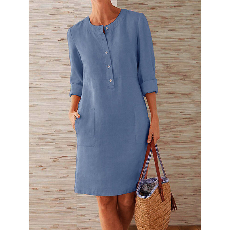 Cotton and Linen Round Neck Long-sleeved Dress