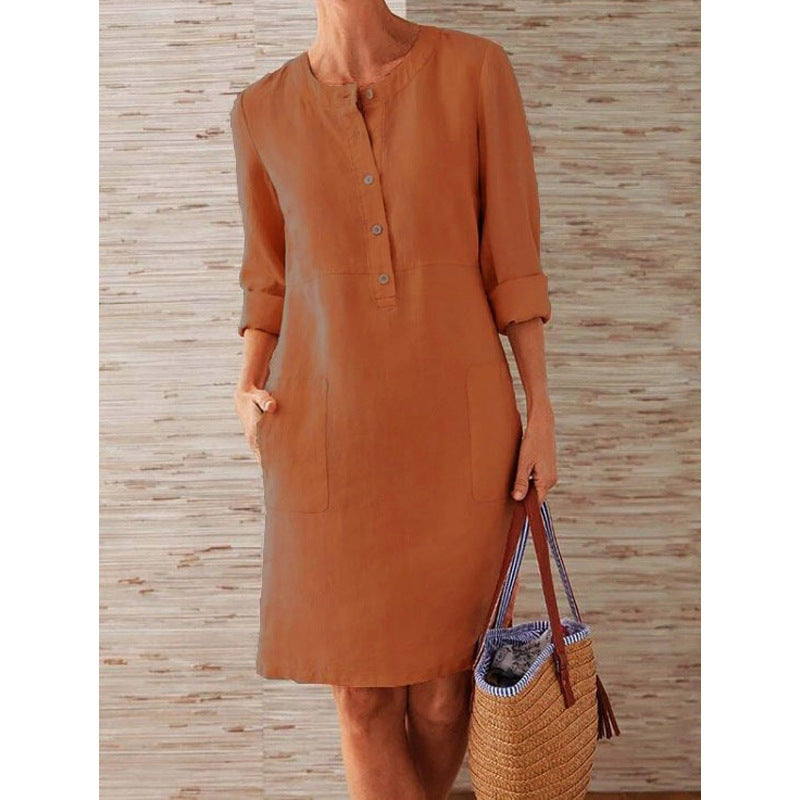 Cotton and Linen Round Neck Long-sleeved Dress