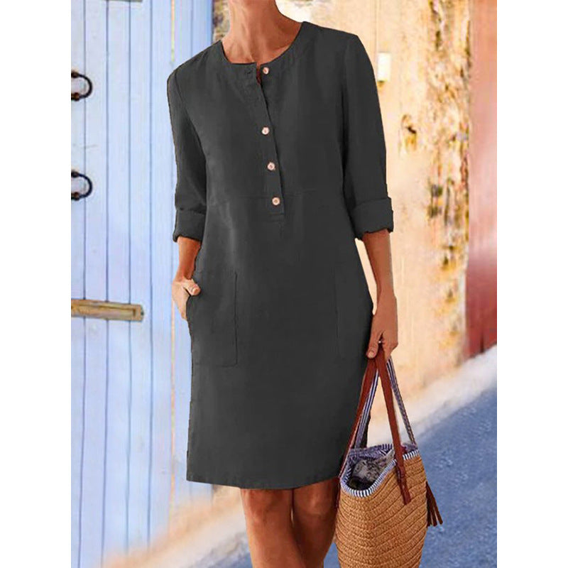 Cotton and Linen Round Neck Long-sleeved Dress