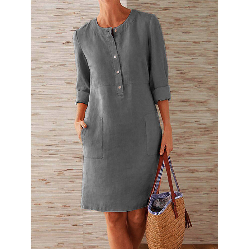 Cotton and Linen Round Neck Long-sleeved Dress