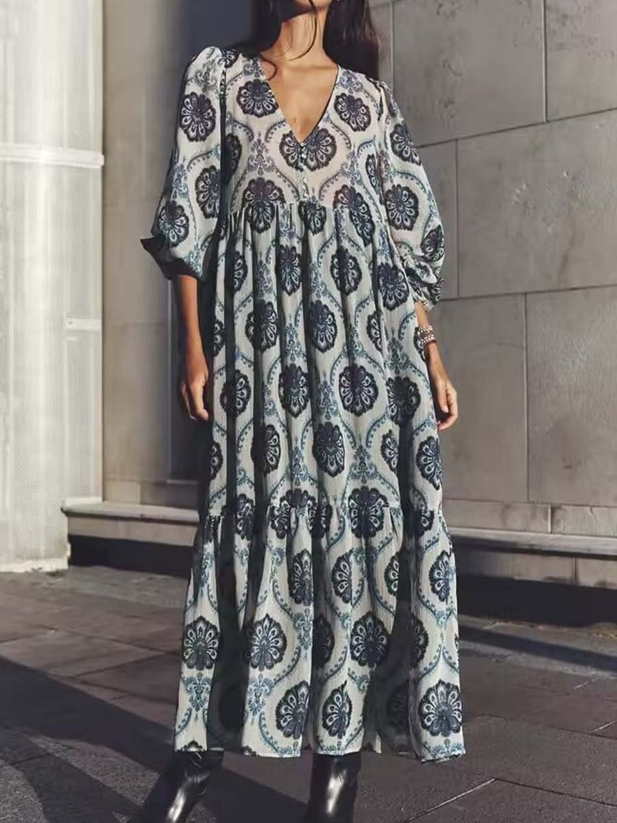 V-Neck Printed Maxi Dress