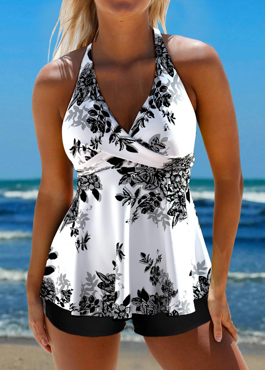 Criss Cross Floral Print White Tankini Top-No Bottom