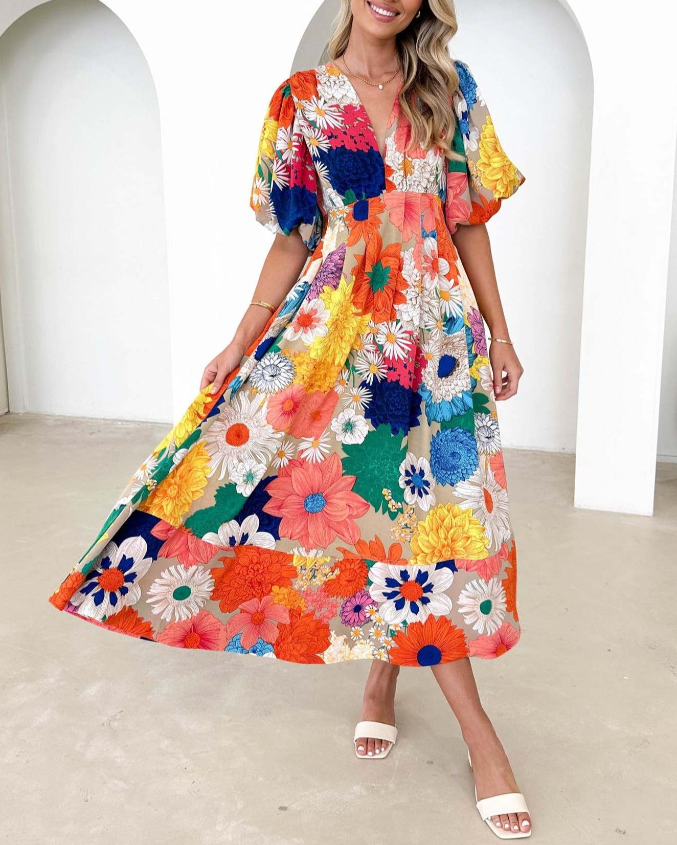 Summer Floral Print Bubble Sleeve Dress