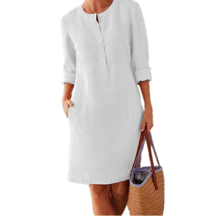 Cotton and Linen Round Neck Long-sleeved Dress