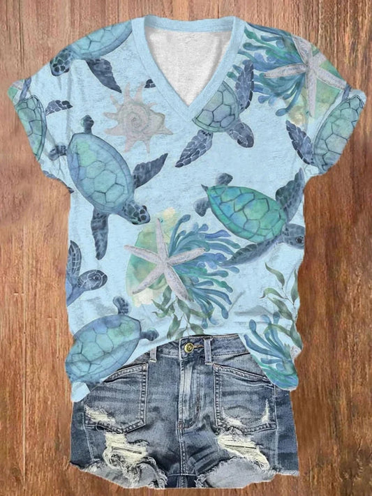 🔥Beach & Vacay🔥Women's Hawaiian Turtle Print Casual V-Neck T-Shirt