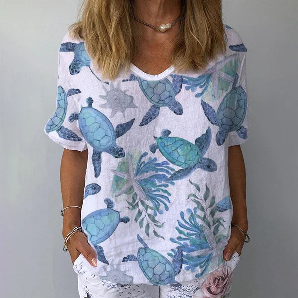 🔥Beach & Vacay🔥Women's Retro Floral Casual V-Neck Cotton And Linen Top