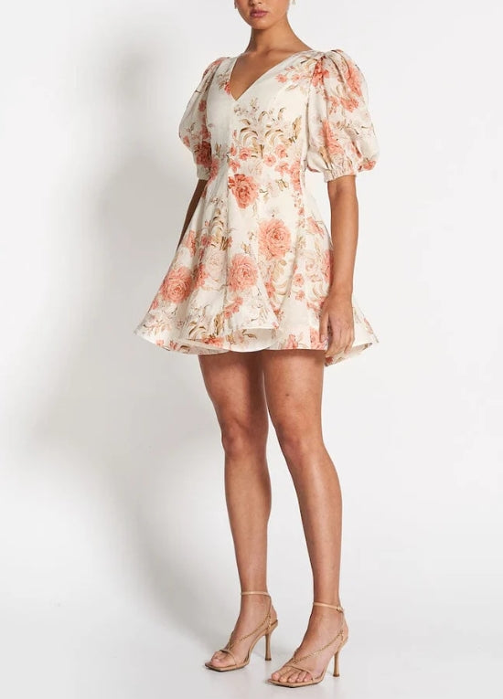 V-neck Bubble Sleeve Ruffle Print Short Dress