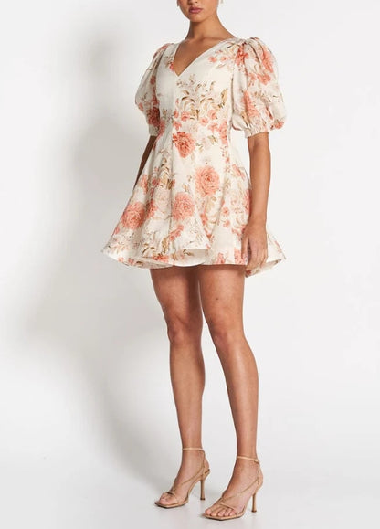 V-neck Bubble Sleeve Ruffle Print Short Dress