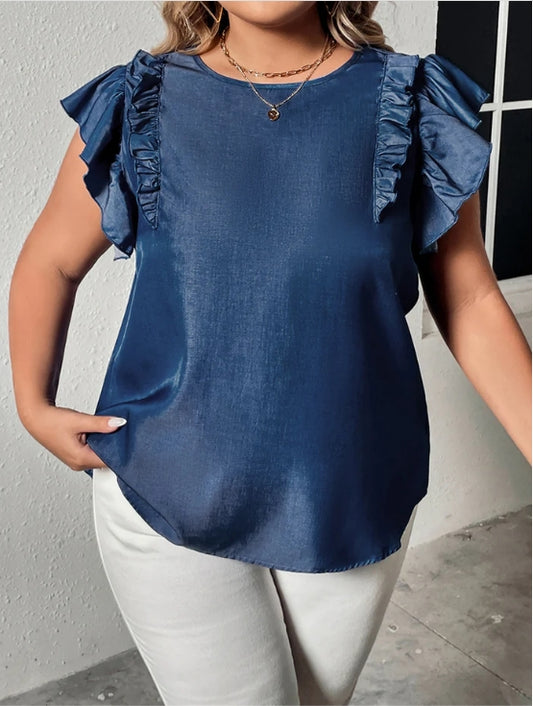 Plus Size Blue Round Neck Ruffle Sleeve Blouse