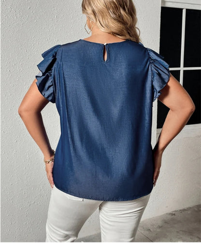 Plus Size Blue Round Neck Ruffle Sleeve Blouse