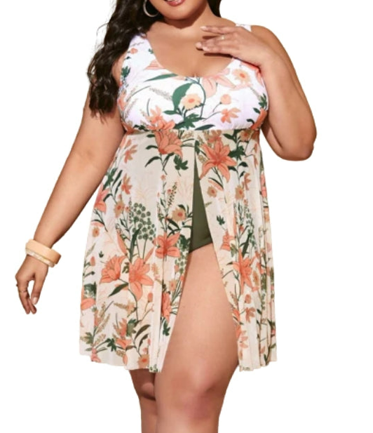 Plus Size Floral Print White Split One Piece Swimsuit