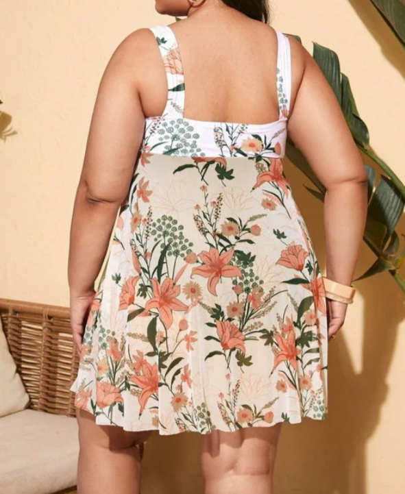 Plus Size Floral Print White Split One Piece Swimsuit