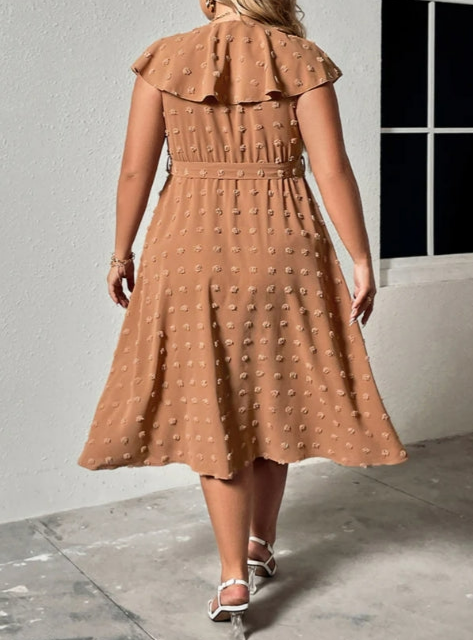 Plus Size Swiss Dot V-Neck Ruched Tie Midi Dress