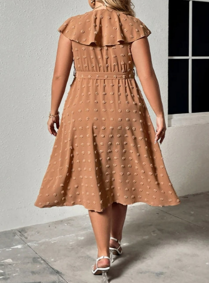 Plus Size Swiss Dot V-Neck Ruched Tie Midi Dress