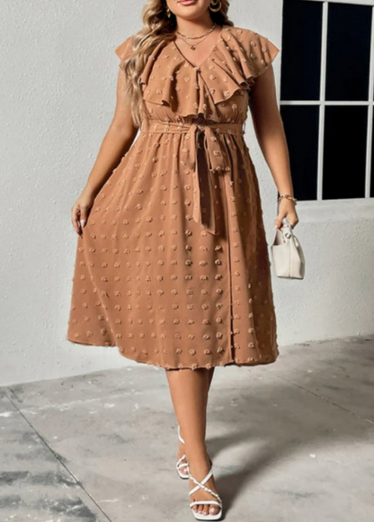 Plus Size Swiss Dot V-Neck Ruched Tie Midi Dress