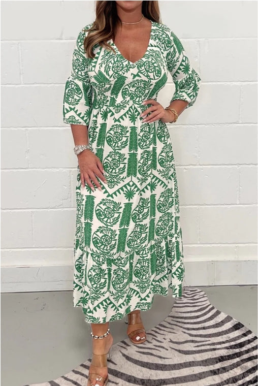 Printed V-neck Plus Size Dress