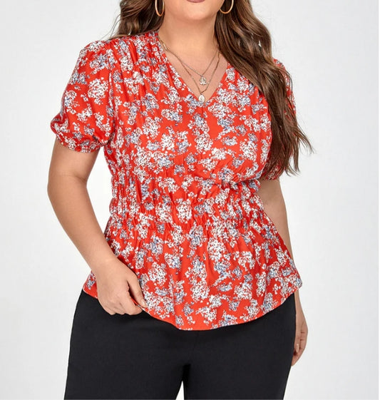 Plus Size Red Floral Puff Sleeve Elastic Waist Blouse